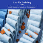 Close-up of a textured blue and white snuffle mat with small brown treats embedded, used for snuffle training.
