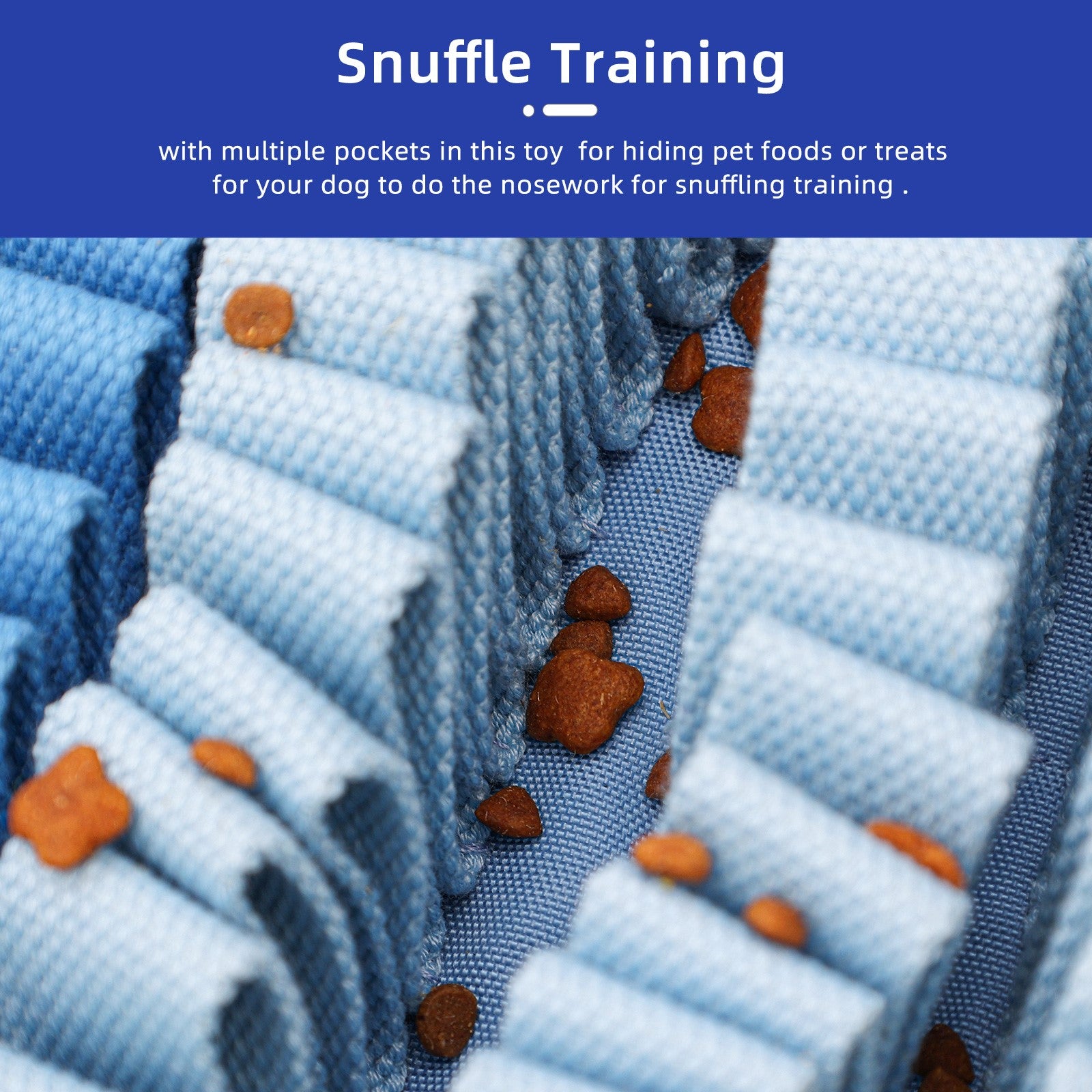 Close-up of a textured blue and white snuffle mat with small brown treats embedded, used for snuffle training.