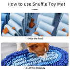 Instructions on how to use a snuffle toy mat with a dog interacting with it.
