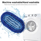 Blue flexible snuffle mat with water splashes and a washing machine in the background.