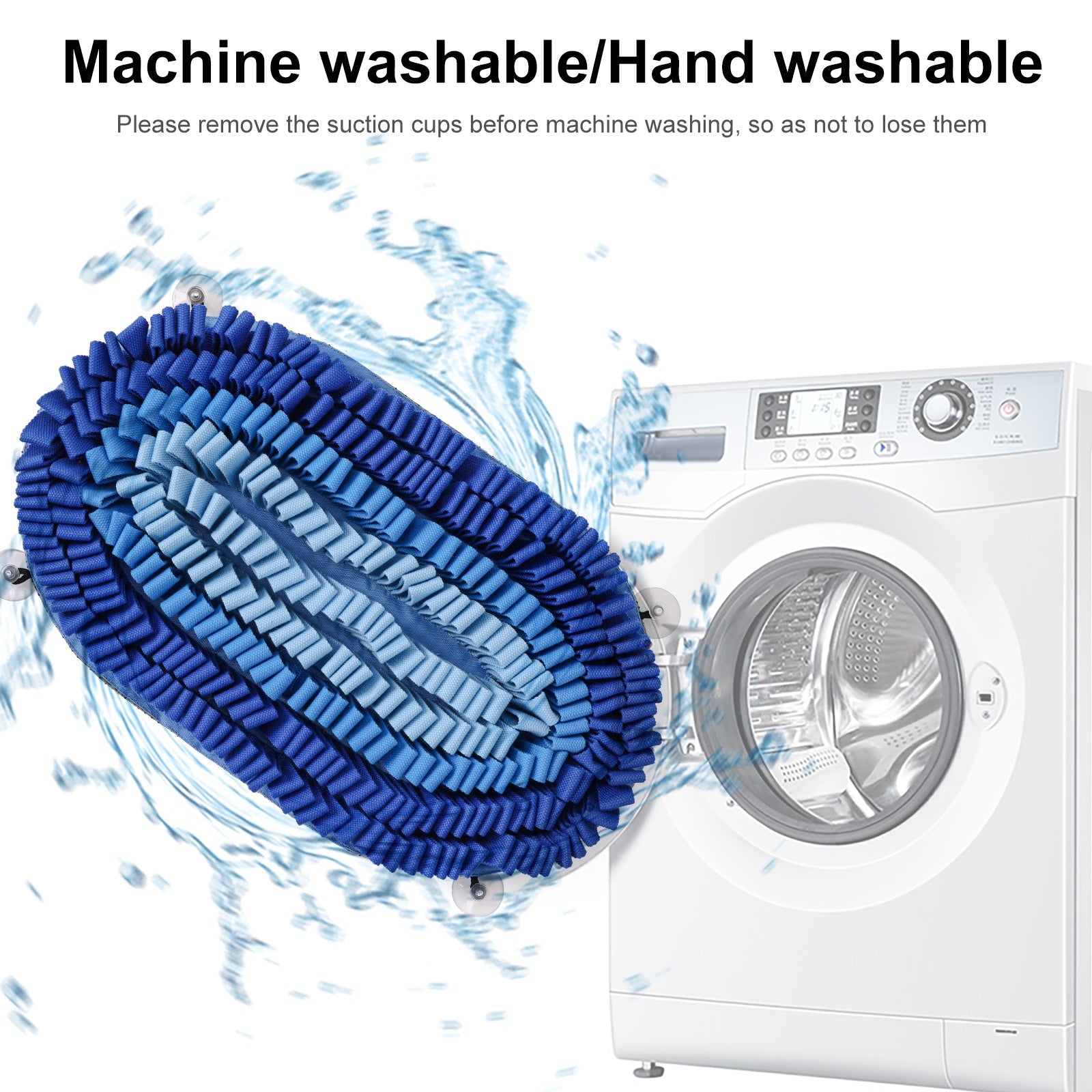 Blue flexible snuffle mat with water splashes and a washing machine in the background.