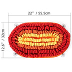 Red and yellow coiled fabric with measurements on a white background