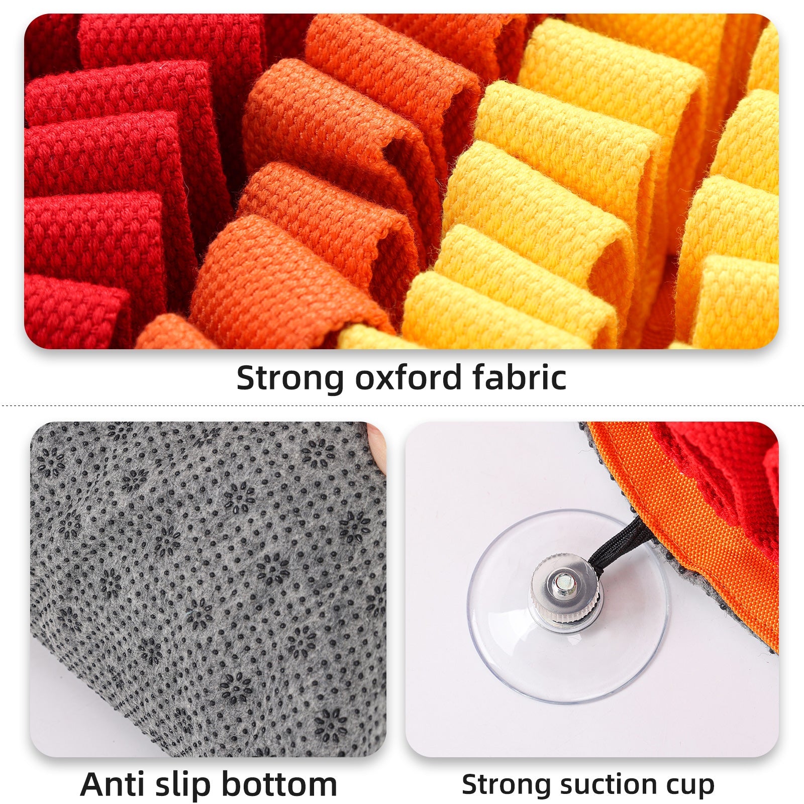 Textured fabric swatches and a suction cup with 'Strong oxford fabric' and 'Anti slip bottom' text.