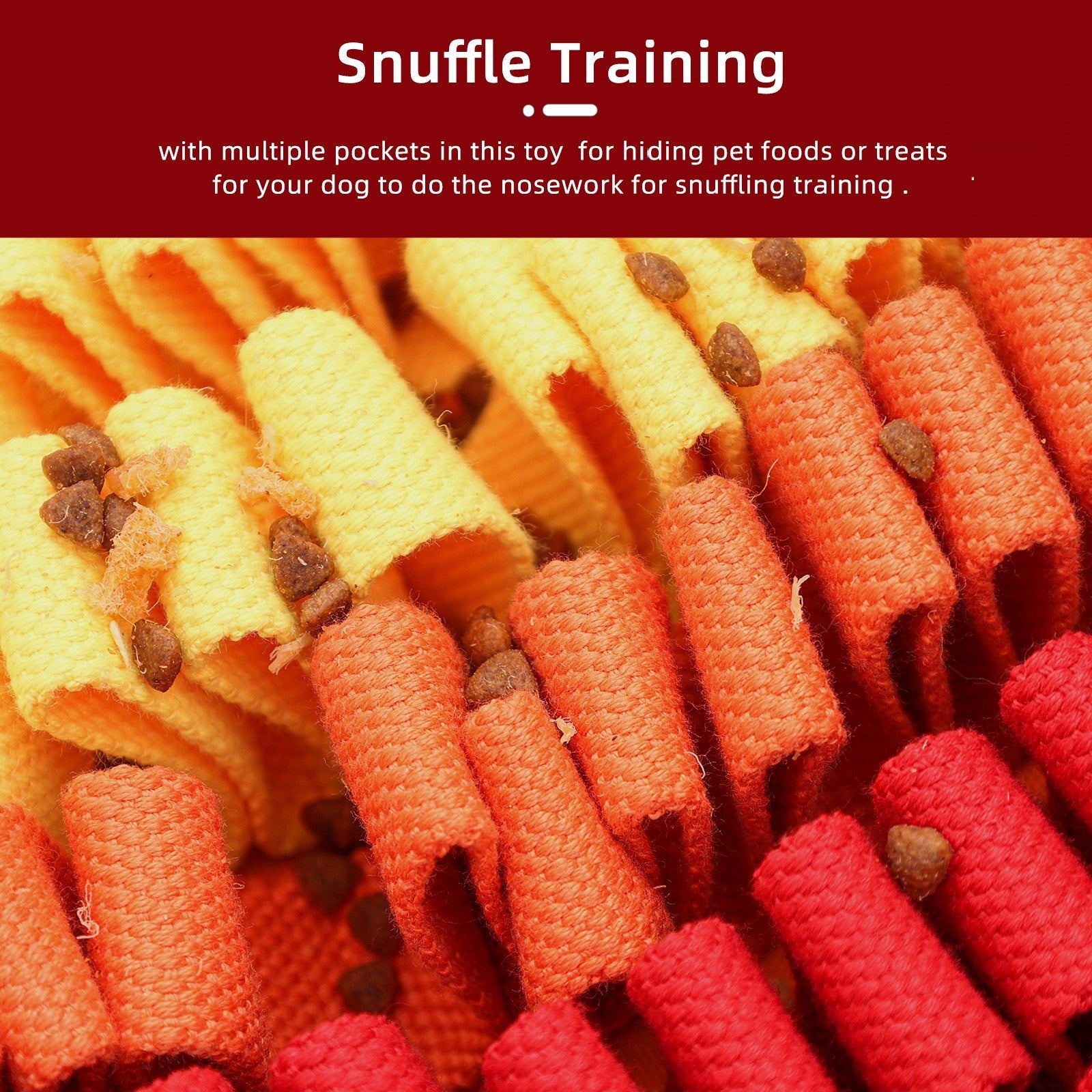 Dog toy with multiple pockets for snuffle training, featuring red, orange, and yellow colors.
