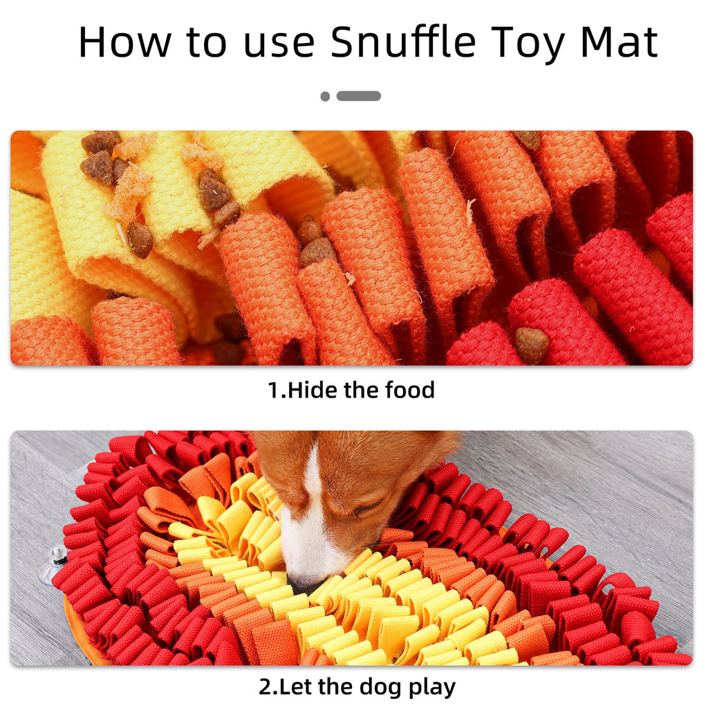 Instructions on how to use a snuffle toy mat with a close-up of the mat and a dog interacting with it.