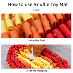 Instructions on how to use a snuffle toy mat with a close-up of the mat and a dog interacting with it.