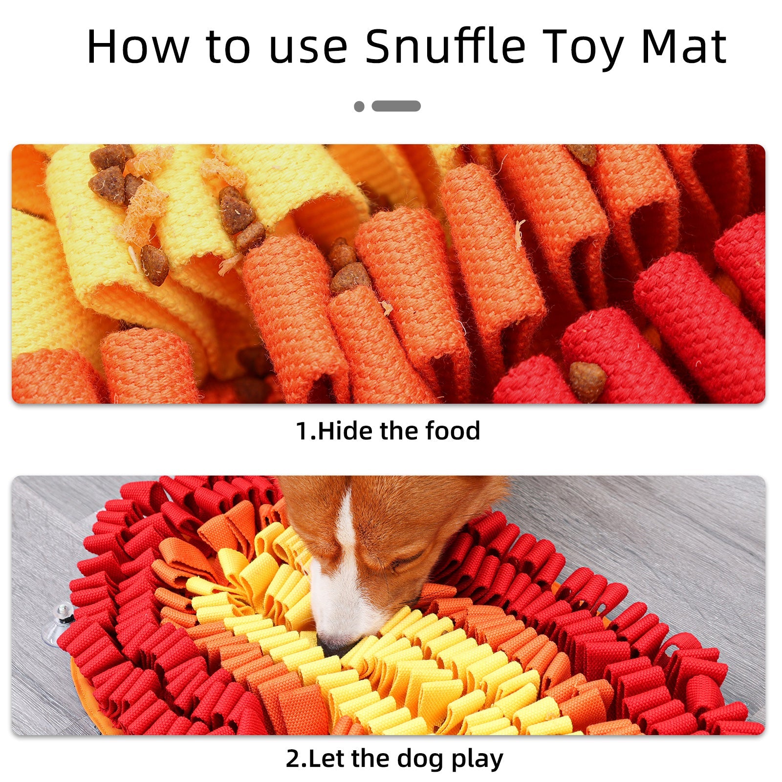 Instructions on how to use a snuffle toy mat with a close-up of the mat and a dog interacting with it.