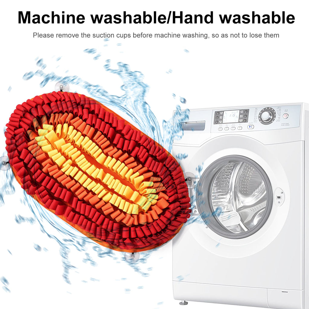 Red and yellow snuffle mat with washing machine and water splashes on a white background