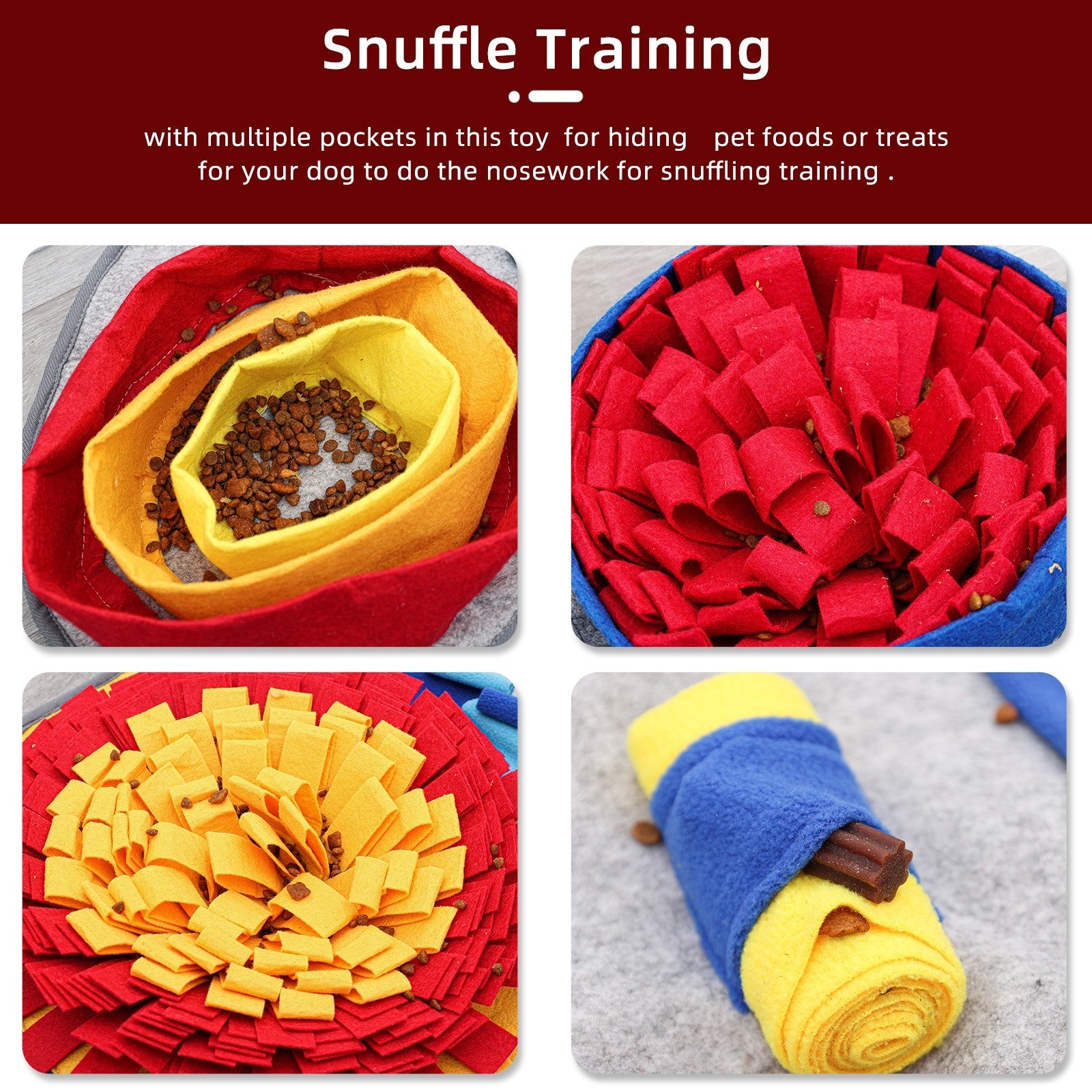 Snuffle training toy with multiple pockets for hiding pet foods or treats.