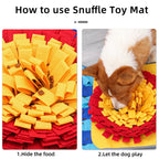 Snuffle toy mat with yellow and red mats, and a dog playing on it.