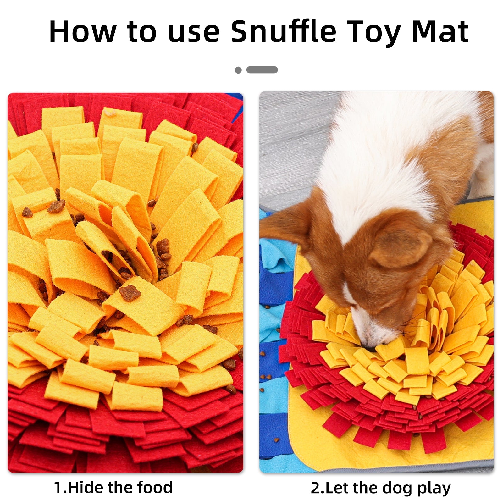 Snuffle toy mat with yellow and red mats, and a dog playing on it.