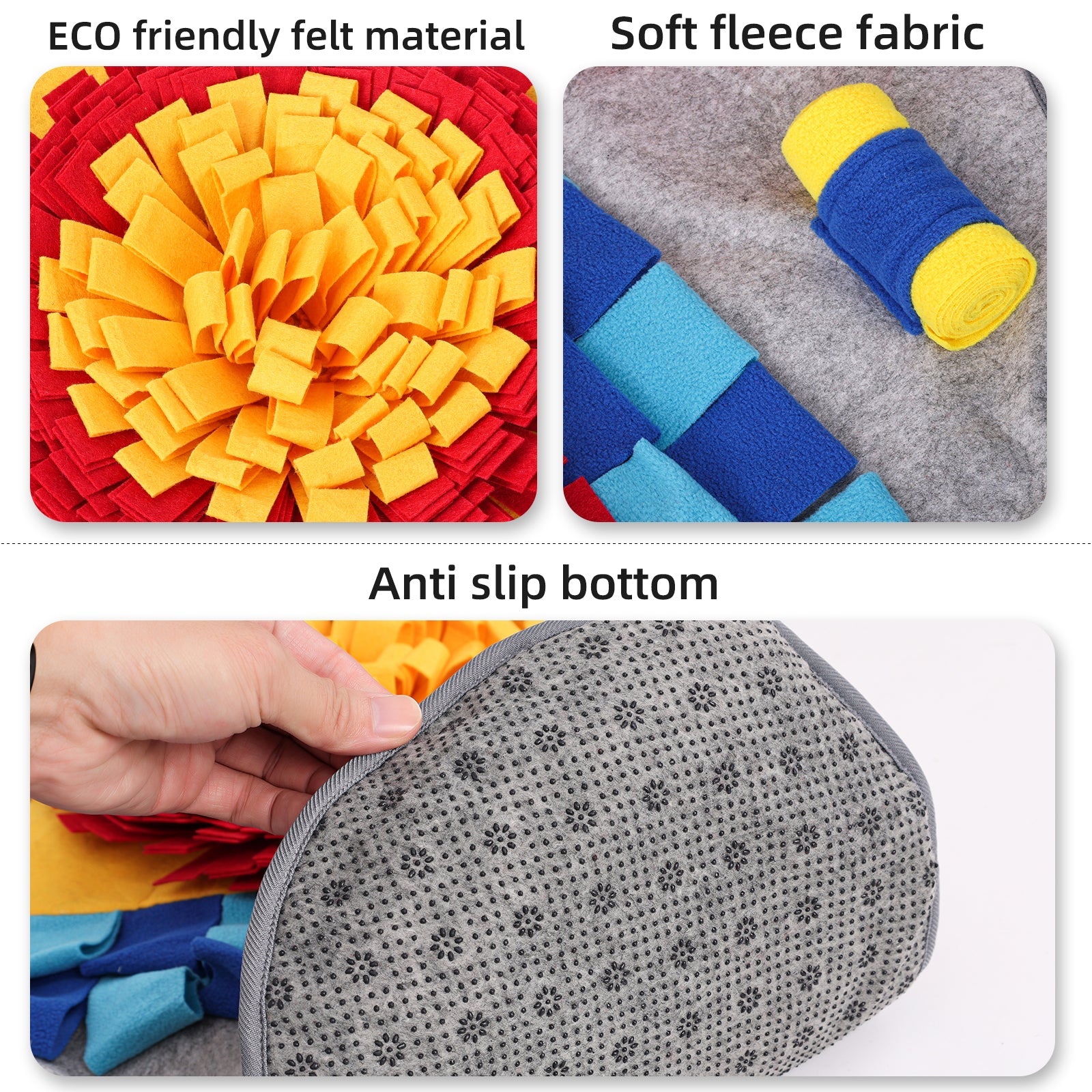 ECO friendly felt material, soft fleece fabric, and anti-slip bottom features shown in a collage.