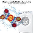 Colorful snuffle mat with washing machine and water splashes, indicating machine washable by 30 degrees.