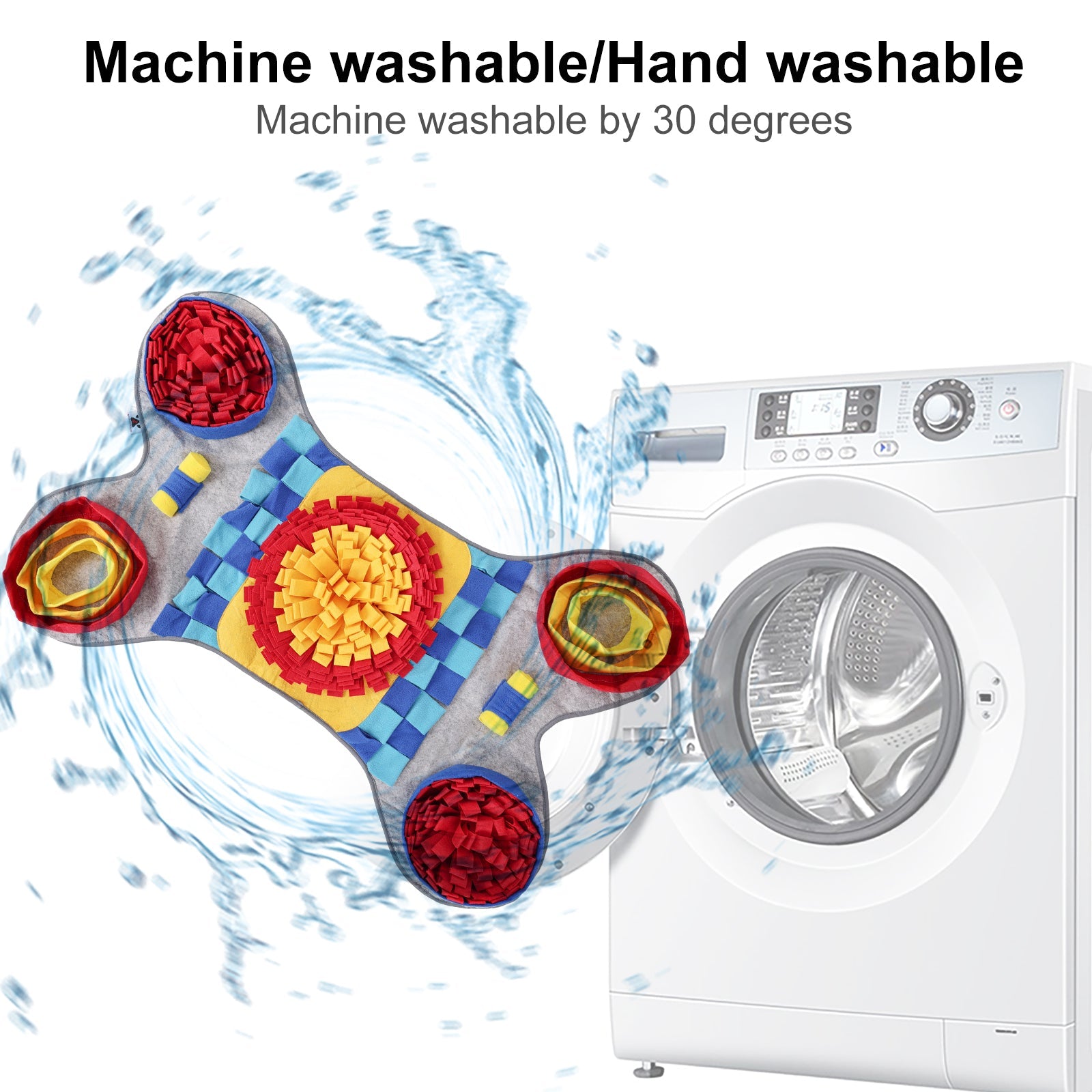 Colorful snuffle mat with washing machine and water splashes, indicating machine washable by 30 degrees.