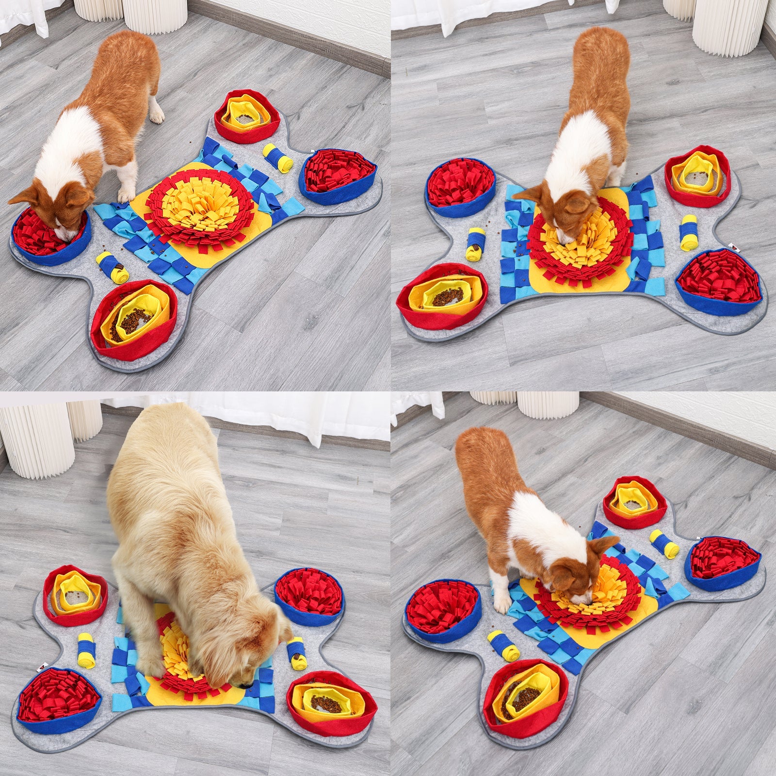 Colorful snuffle mat for pets on a wooden floor.