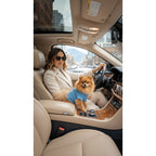 Woman driving a car with a small dog sitting on her lap, both wearing blue shirts.