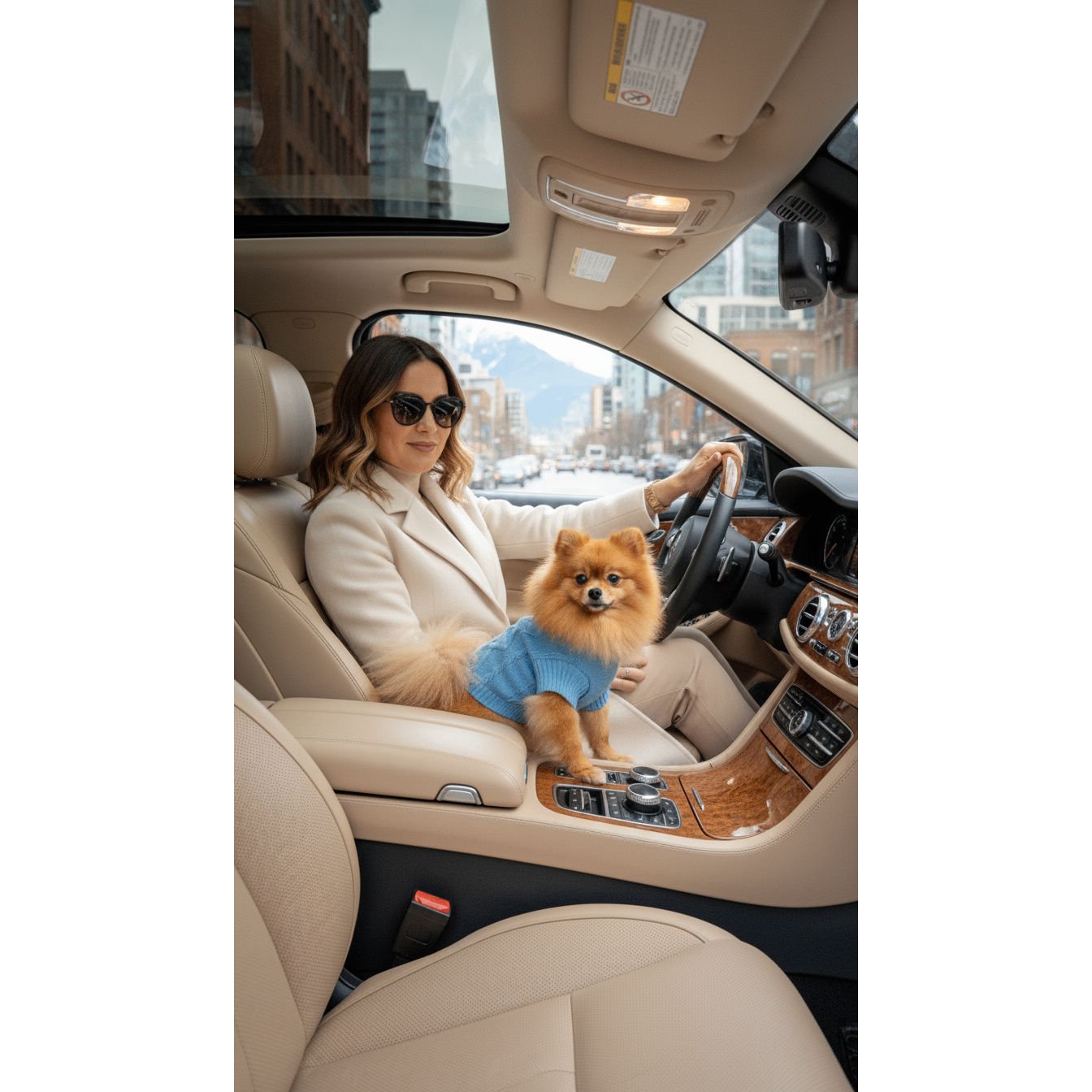 Woman driving a car with a small dog sitting on her lap, both wearing blue shirts.
