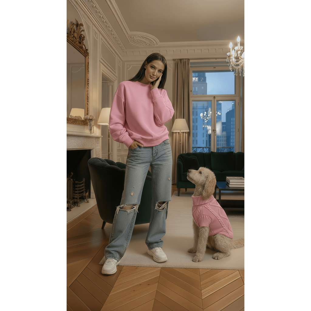 Woman in pink sweater and jeans standing next to a dog in a pink sweater in a stylish room.