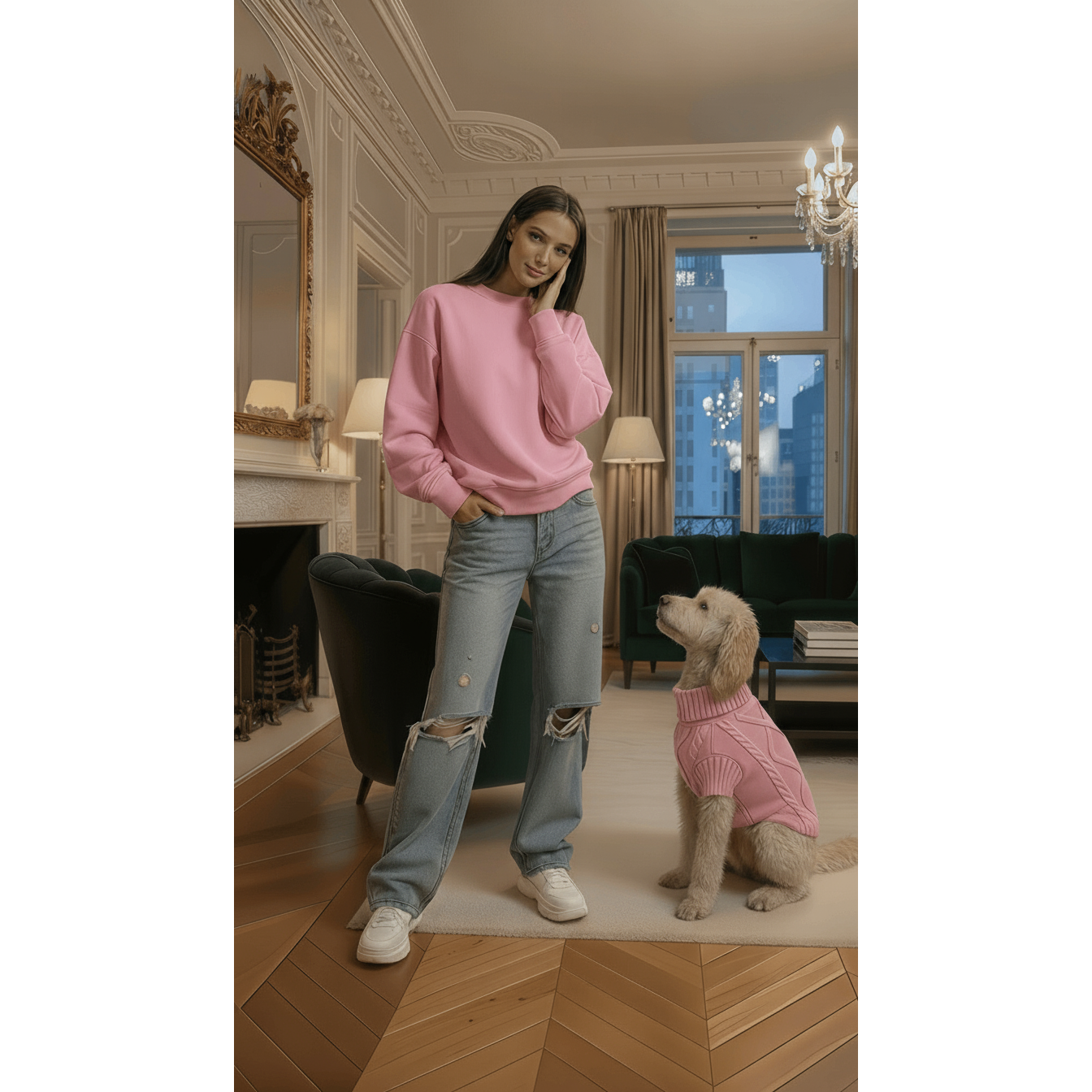 Woman in pink sweater and jeans standing next to a dog in a pink sweater in a stylish room.