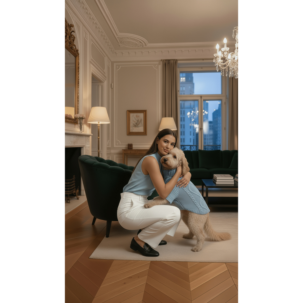 Woman holding a dog wearing a sweater in a stylish living room with a chandelier