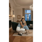 Woman holding a dog wearing a sweater in a stylish living room with a chandelier
