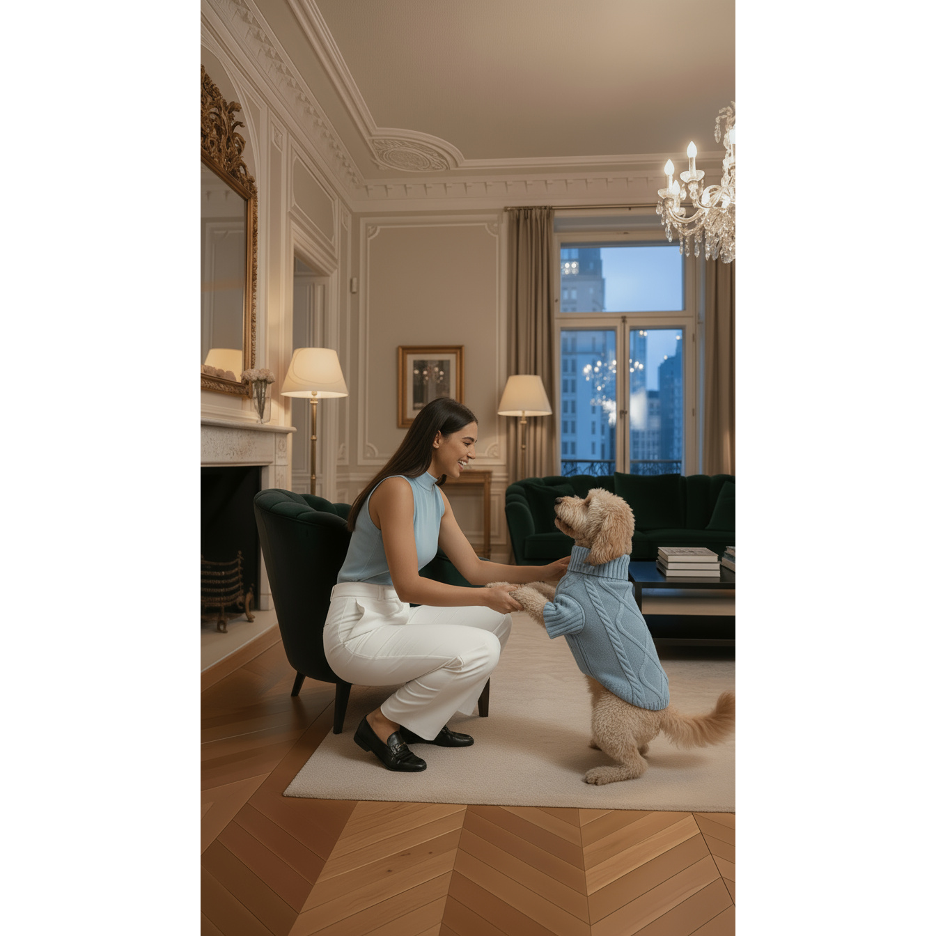 Woman in a stylish living room with a dog wearing a sweater