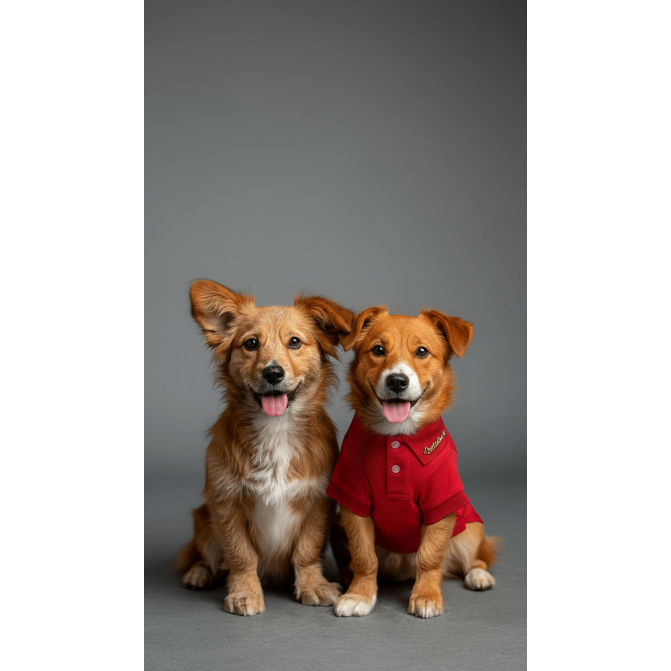 Two dogs, one wearing a red sweater, sitting side by side on a gray background