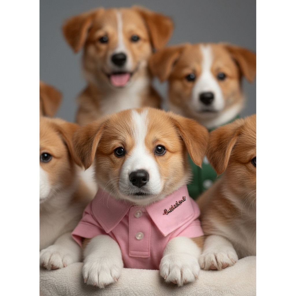 Puppies wearing a pink outfit with a brand logo on a gray background