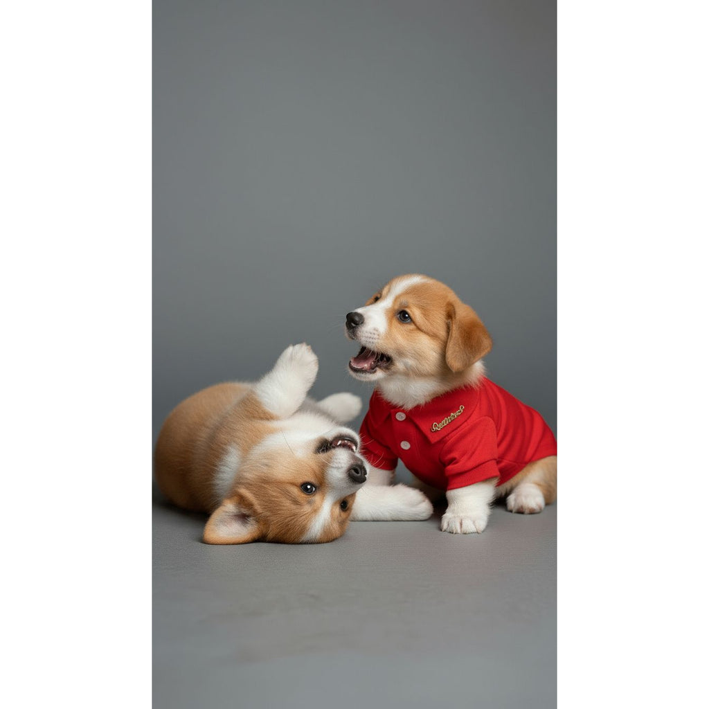 Two corgi puppies, one wearing a red sweater, on a gray background