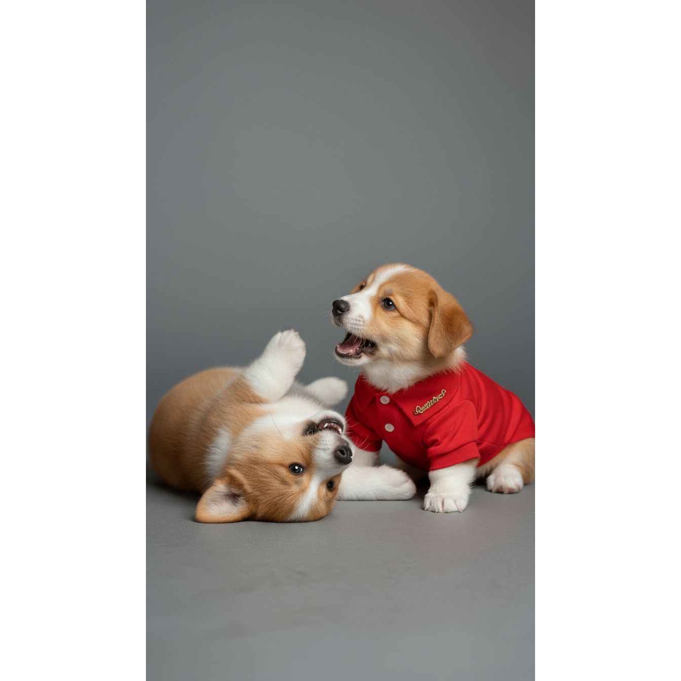 Two corgi puppies, one wearing a red sweater, on a gray background