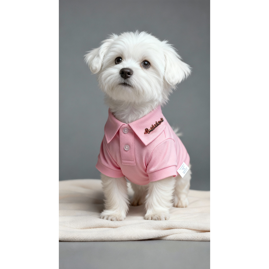 Small white dog wearing a pink outfit on a gray background