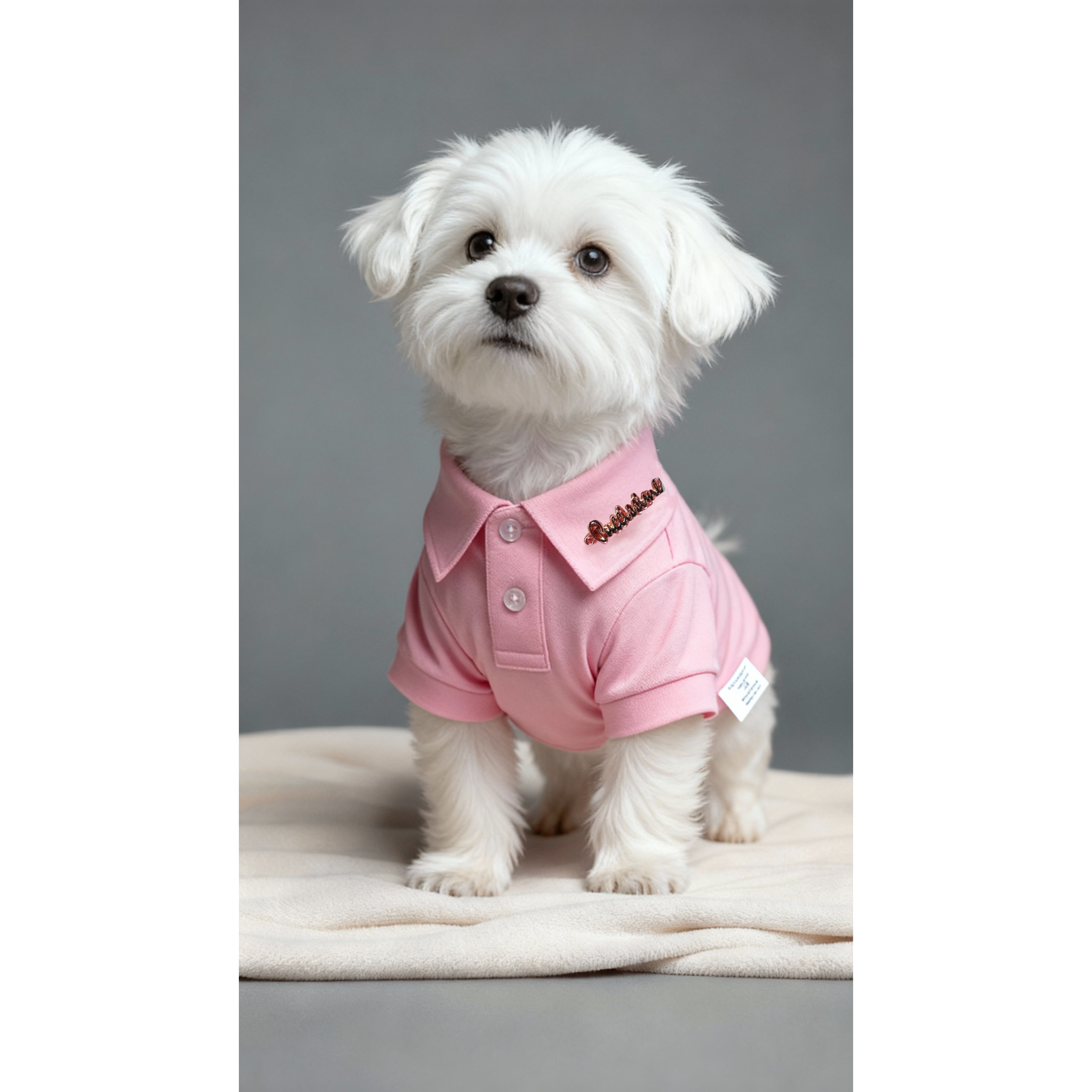Small white dog wearing a pink outfit on a gray background