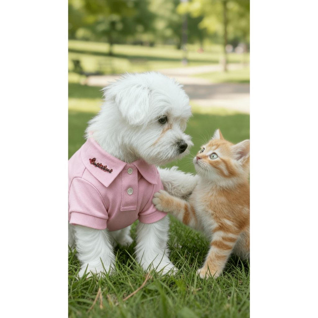 White dog wearing a pink shirt interacting with a cat on grass