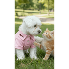 White dog wearing a pink shirt interacting with a cat on grass