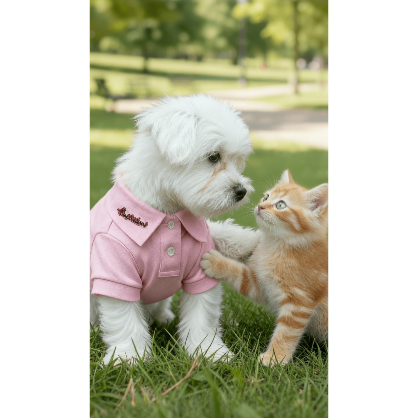 White dog wearing a pink shirt interacting with a cat on grass