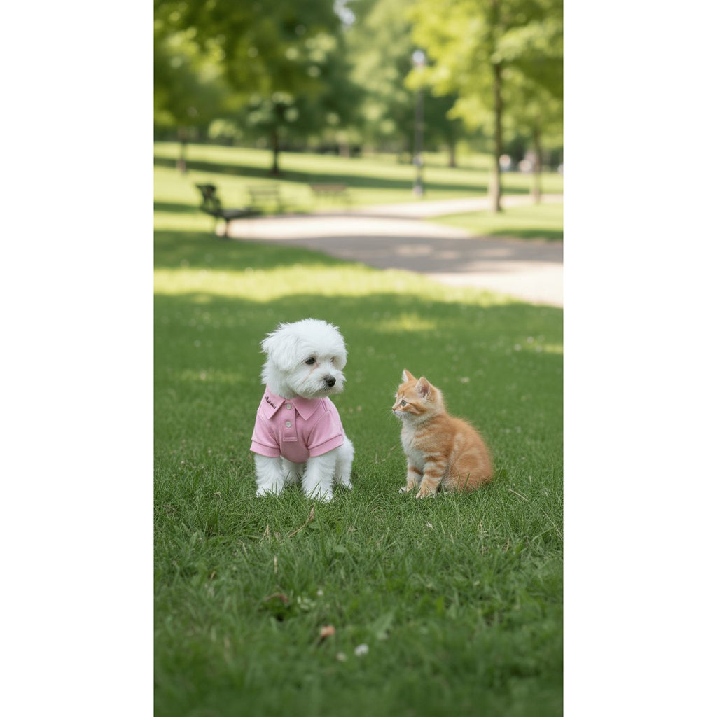 Dog in a pink shirt and cat on grass in a park