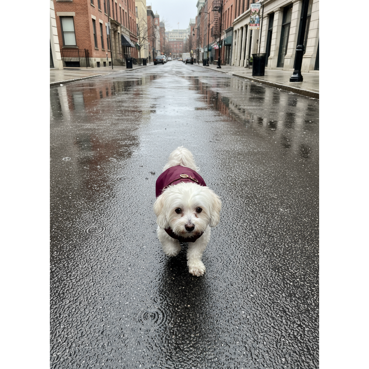 Small white dog wearing a burgundy raincoat walking on a wet city street.