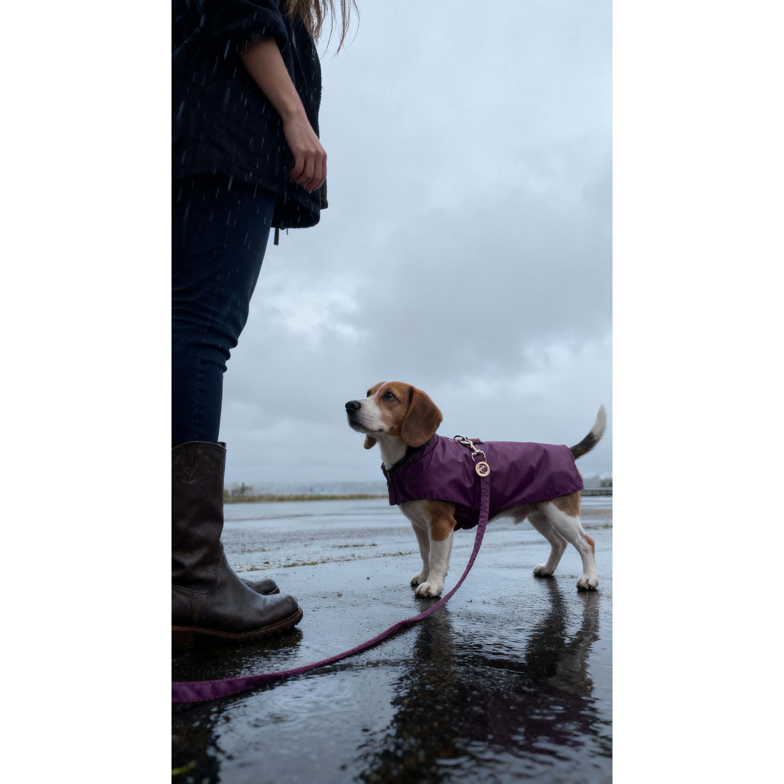 Person holding a dog on a leash with a purple coat in a rainy setting