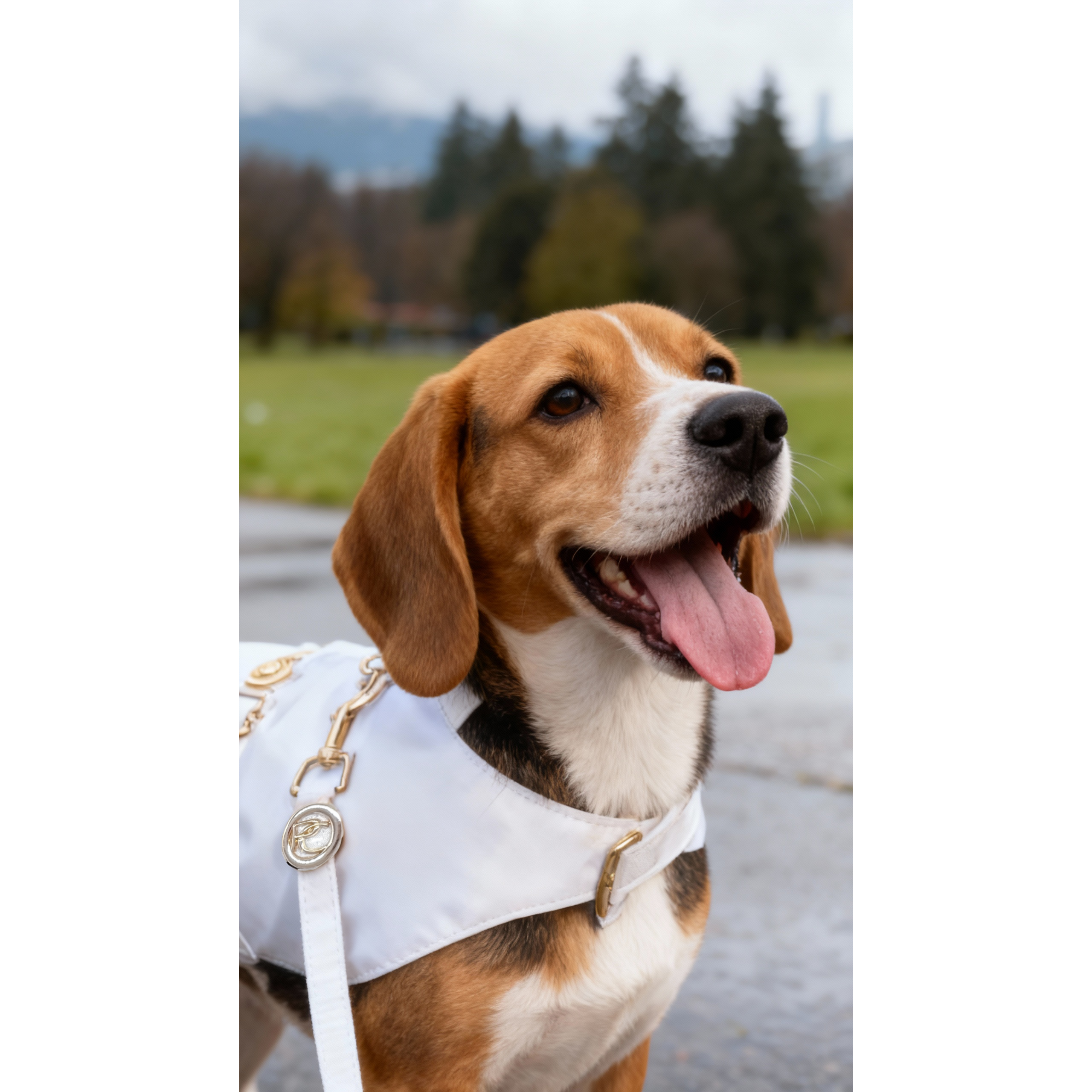Dog wearing a white raincoat with gold accents in an outdoor setting