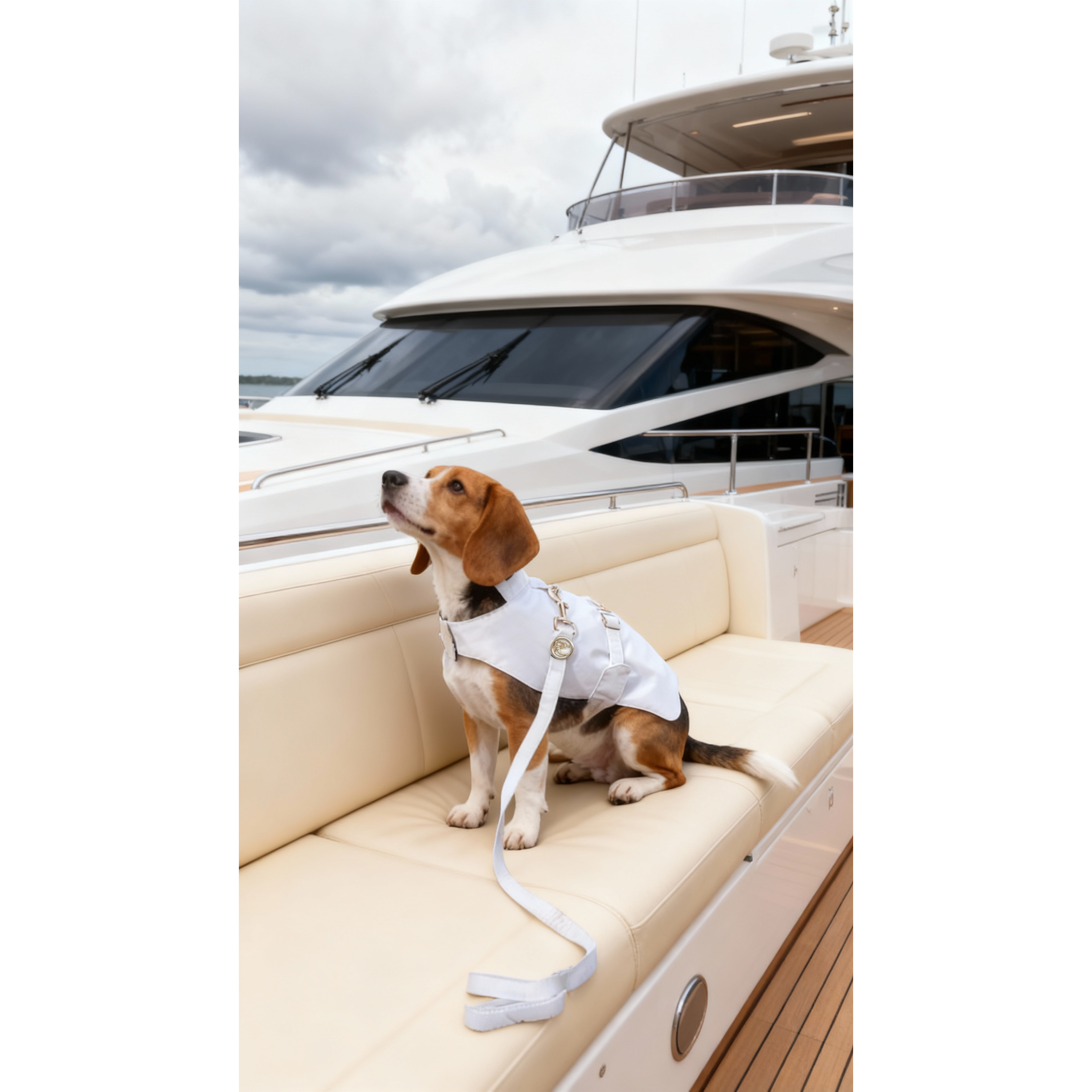 Dog in a white coat sitting on a yacht's couch with a cloudy sky in the background