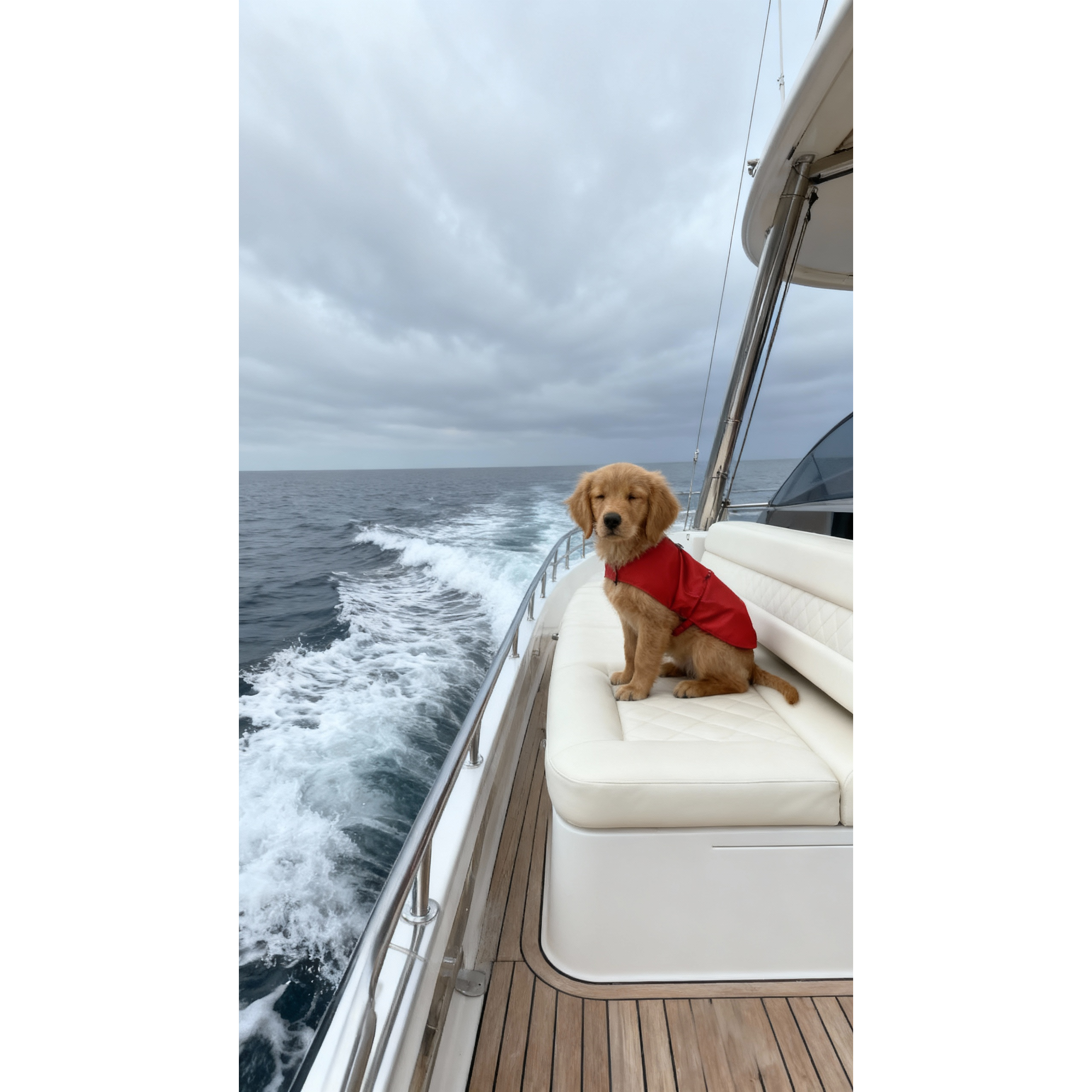 Dog in a red rain coat on a boat with ocean waves and cloudy sky.