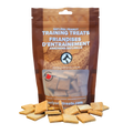 Bag of natural peanut training treats with visible treats on a white background
