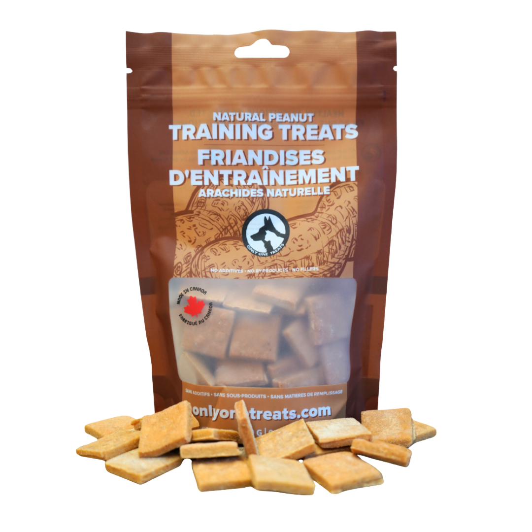 Bag of natural peanut training treats with visible treats on a white background