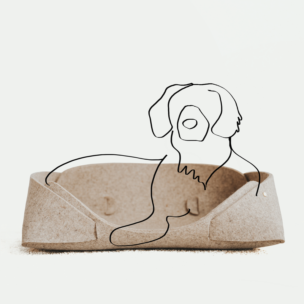 Pet bed with a line drawing of a dog on a white background