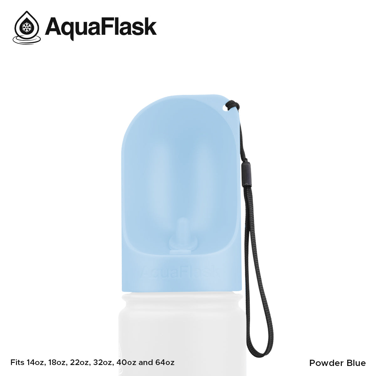 AquaFlask powder blue and white silicone sleeve with black strap on a white background