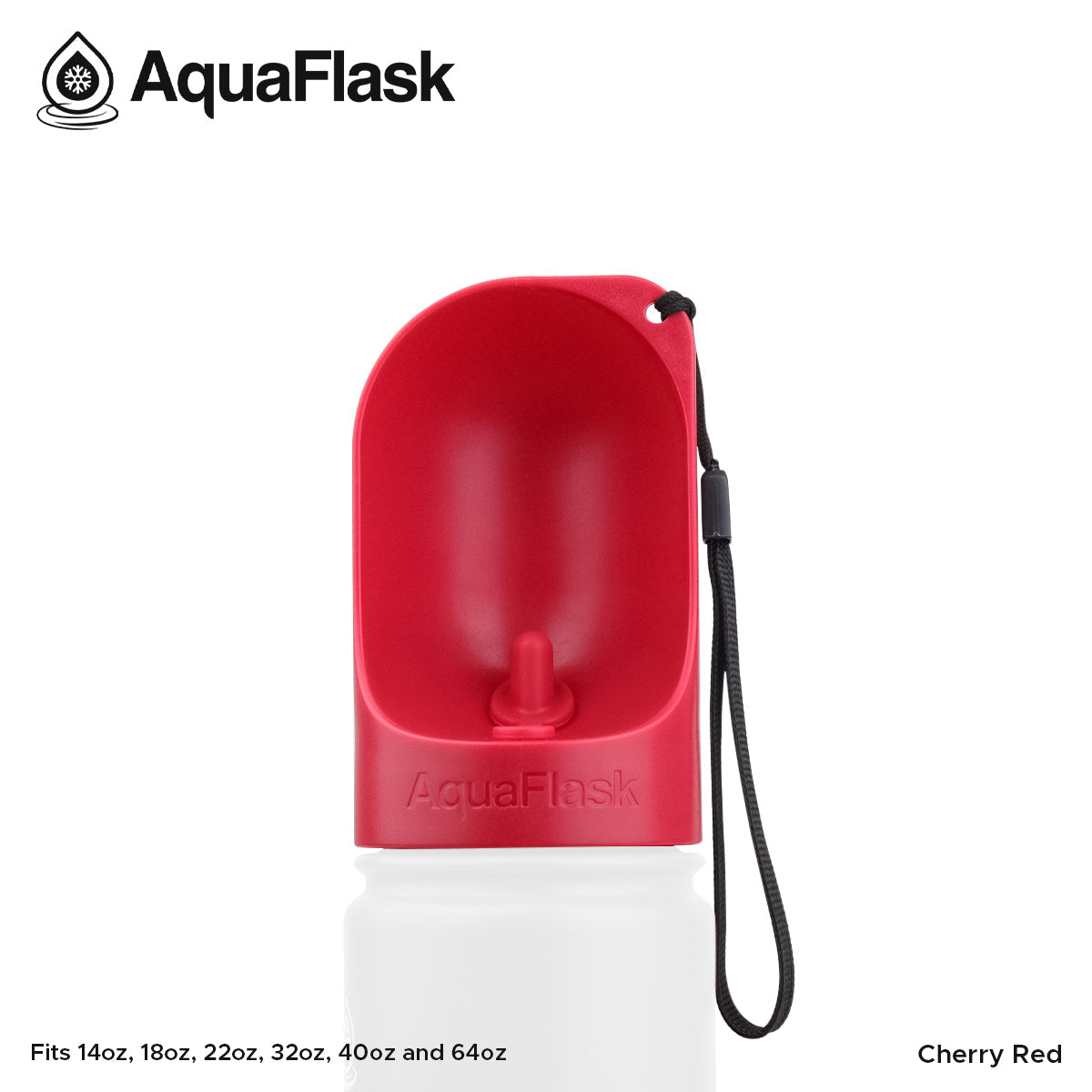 Red and white AquaFlask water bottle with a black strap on a white background
