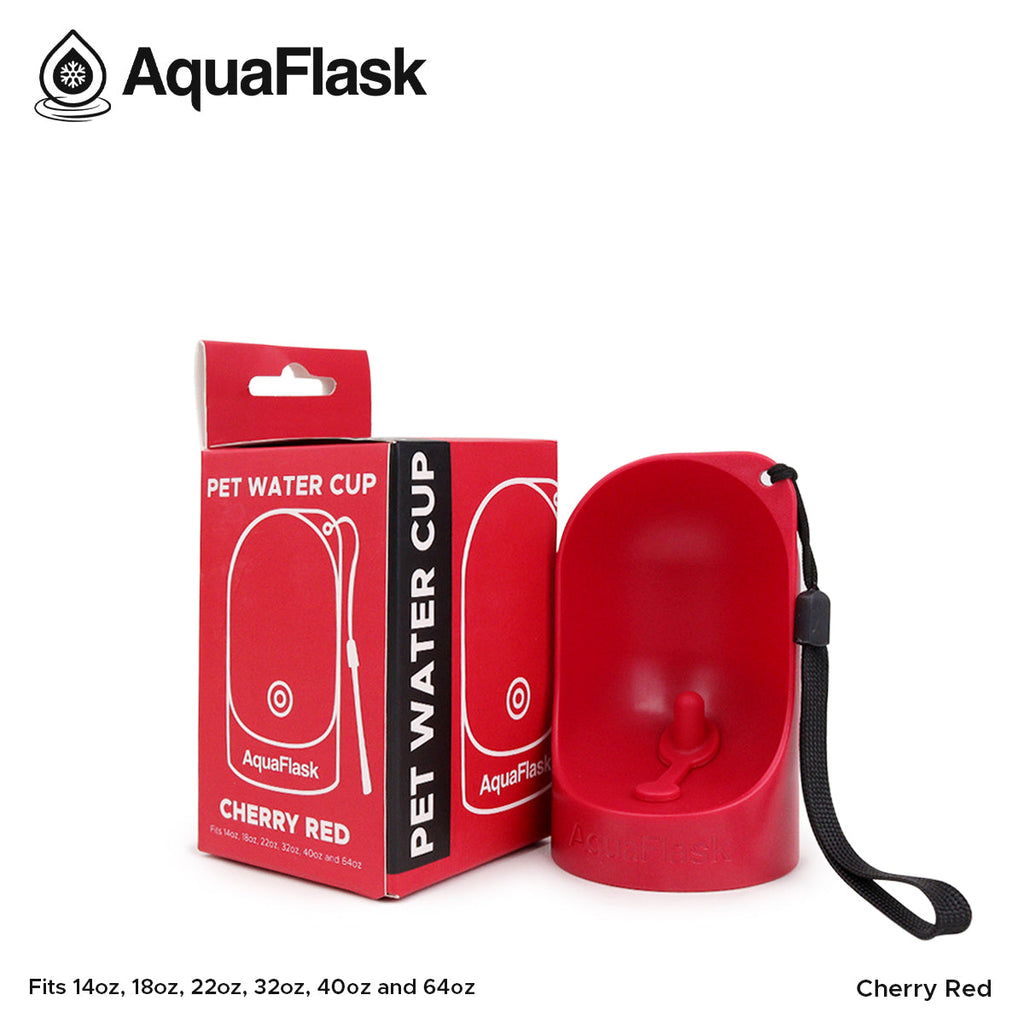 Red pet water cup with black strap and packaging on a white background, featuring AquaFlask branding.