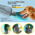 Dog drinking from a portable water bottle with features highlighted on a blue background