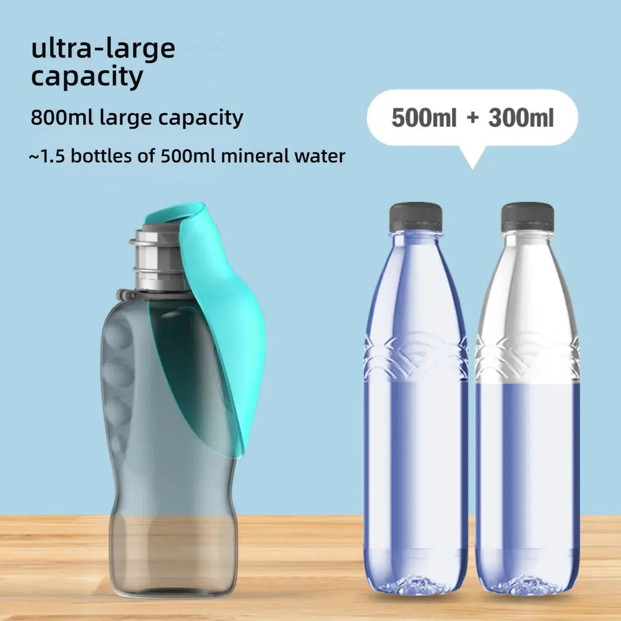 Ultra-large capacity pet water bottle with two smaller bottles on a wooden surface and light blue background.