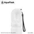 White water bottle with black wrist strap on a white background, featuring AquaFlask branding.